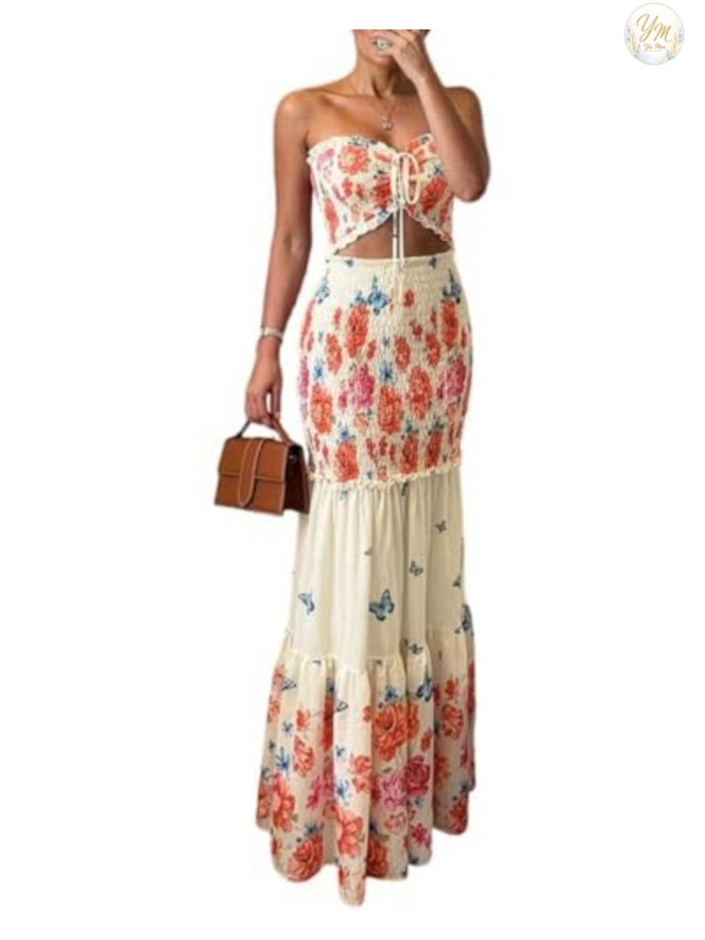Flowy Floral Halter Tie Ruched Maxi Dress Women's